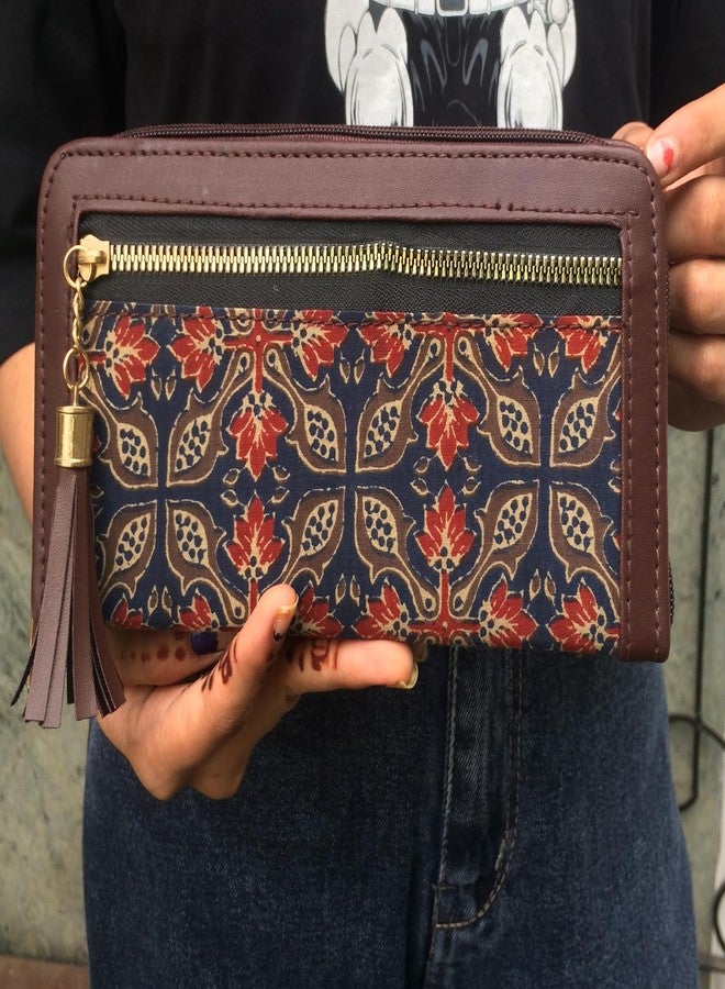INDTRESOR Vegan Leather Clutch Wallet Women Evening Handbag Purse Cruelty Free Indian Handcrafted Arjakh Hand Block Floral Printed Blue and Maroon Color Cotton Fabric. - Image 2